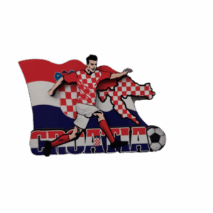 Magnet za frižider, Hrvatski suvenir, Nogometaš na Hrv.zastavi  drvo