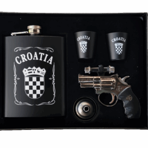 Pljoska set s čašicama Hrvatski suvenir poklon set DJH1678F upaljač u obliku pištolja revolvera