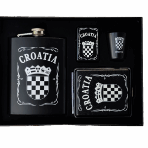 Pljoska set s čašicama, Hrvatski suvenir, poklon set DJH1374B Hrvatski grb sa tabakerom i upaljačem