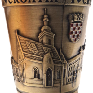 Čašica za rakiju, metalna, zlatna, motivi Zagreba, HNK, Arhiv, crkva Sv. Marka  0,30, Hrvatski suvenir