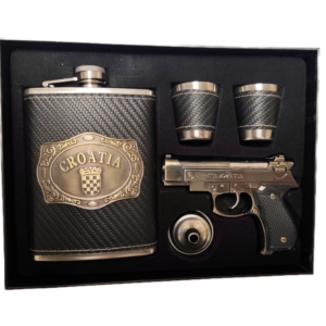 Pljoska set s čašicama Hrvatski suvenir poklon set Pljoska sat koža karbon, 2 čašice, pištolj DJH1251F