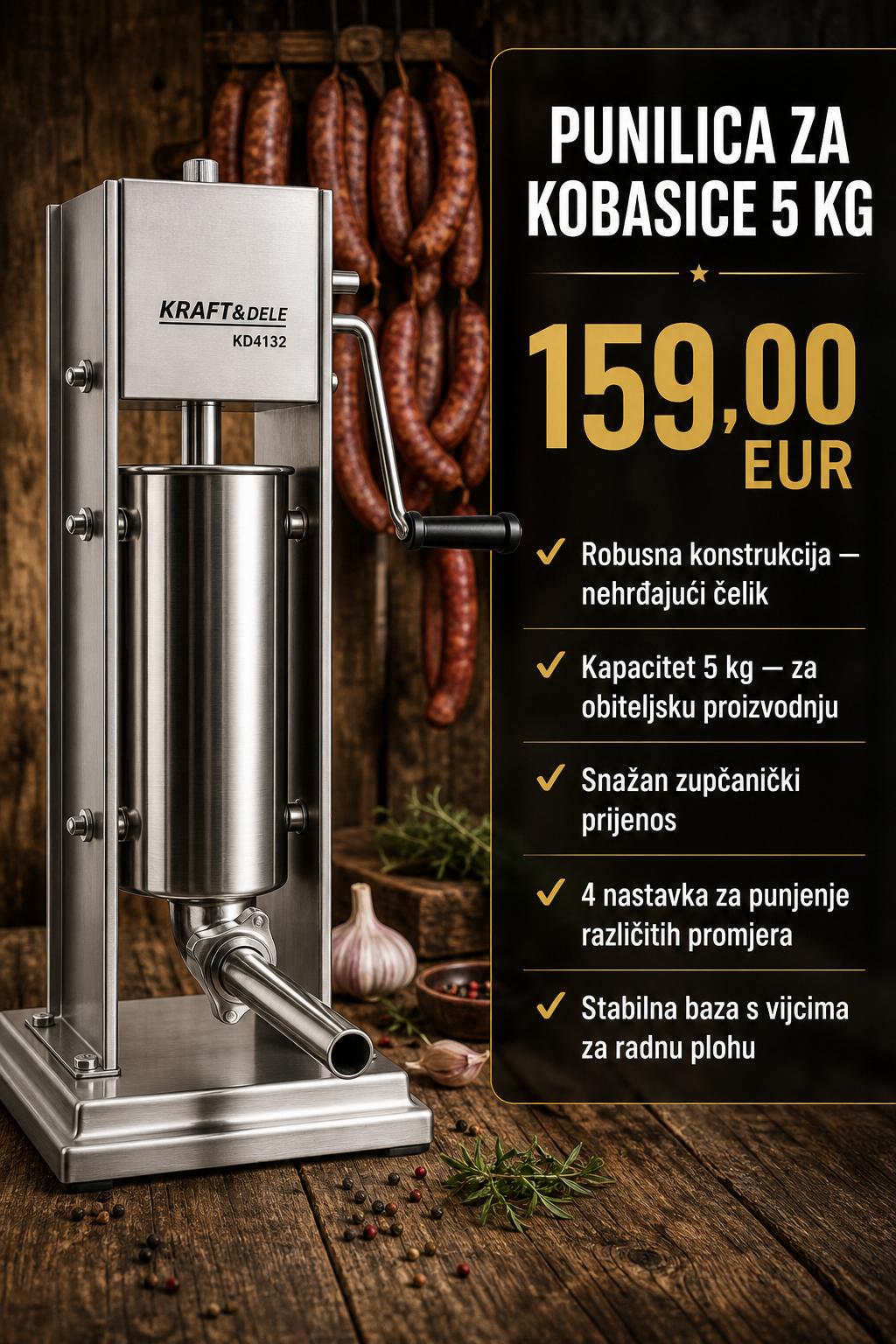 Punilica Kobasica, Stroj za Nadjevanje Kobasica, krvavica, divenica, salama, čevapa 5 KG KD4132, 4 nastavka Stojeći, Vertikalni Inox - Slika 7