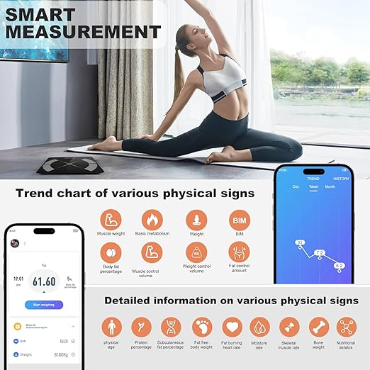 Vaga Podna za Tjelesnu Masnoću BMI, Digitalna, LCD ekran 180 kg, Bluetooth, spaja se na Mobitel, Crna - Slika 5