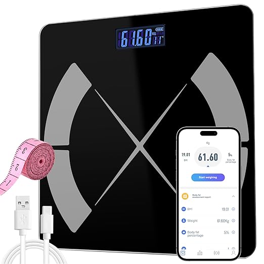 Vaga Podna za Tjelesnu Masnoću BMI, Digitalna, LCD ekran 180 kg, Bluetooth, spaja se na Mobitel, Crna