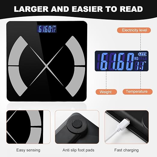 Vaga Podna za Tjelesnu Masnoću BMI, Digitalna, LCD ekran 180 kg, Bluetooth, spaja se na Mobitel, Crna - Slika 3