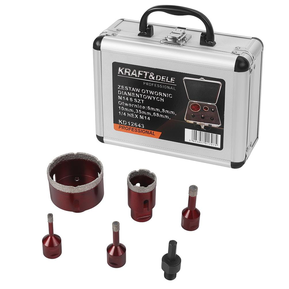 Set Dijamantnih Svrdla i Kruna za Bušenje Rupa u Keramici, Gresu, Granitu, Kamenu, 6 Dijelova Ø6-68 mm M14 KD12643 - Slika 5