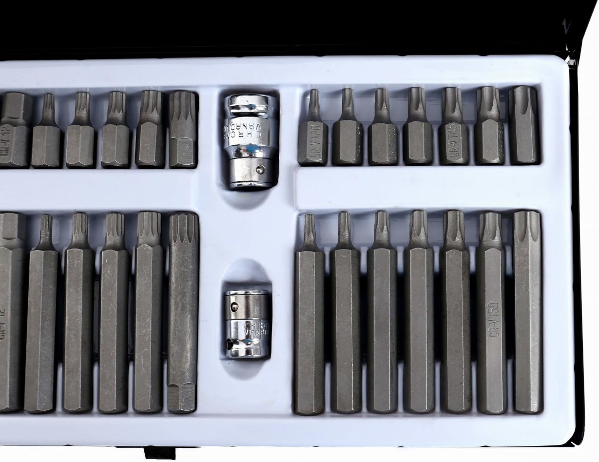 Bitovi Set TORX (T20–T55), HEX (4–12 mm), SPLIN (M5–M12), adapteri 3/8" i 1/2" , 40 Komada KD10220 metalna kaseta - Slika 4