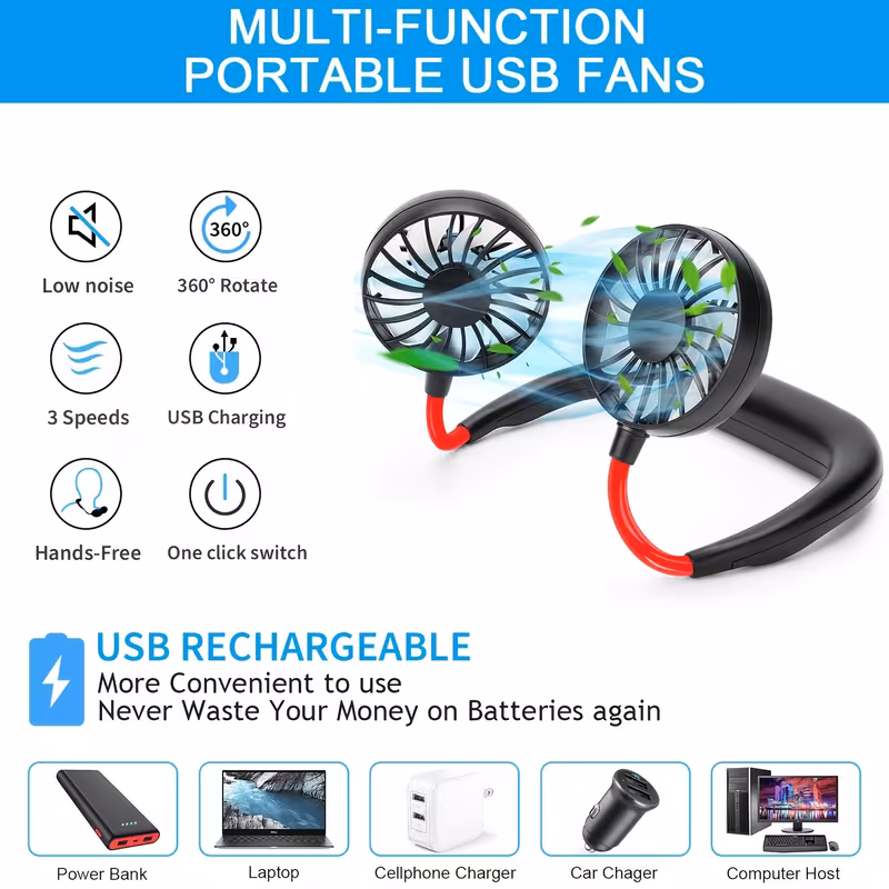 Prijenosni Ventilator za Vrat, Okovratni, Crni / Bijeli - Slika 2