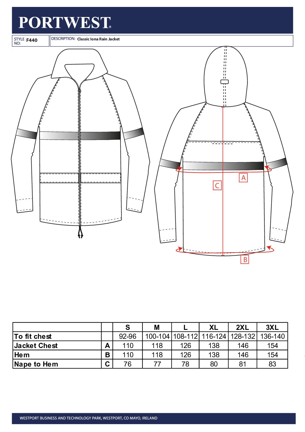 Kabanica kišna F440 BKR Klasik Iona Rain Crna Portwest XS-6XL - Slika 2