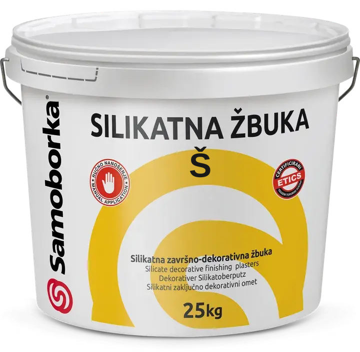 SILIKATNA ŽBUKA Š 25kg Silikatna završno dekorativna žbuka Prskane (špricane) teksture Boja iz Skupine 2. Zrno promjera 1,5 mm - 1