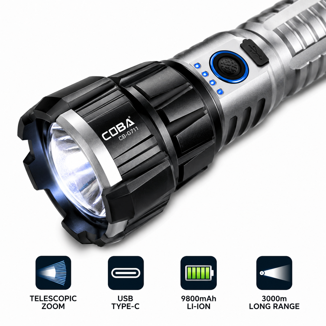 Svjetiljka baterijska LED Aluminijska CB-G711, dugi domet 3000n, punjiva 700W za kampiranje i ribolov 26650 - 2