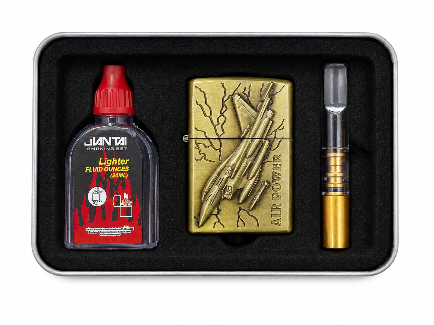 Upaljač na Benzin Set, komplet Upaljač i Gorivo+ Držač za cigaretu(muštikla,cigaršpic, usnik) u metalnoj kutiji "Air power"