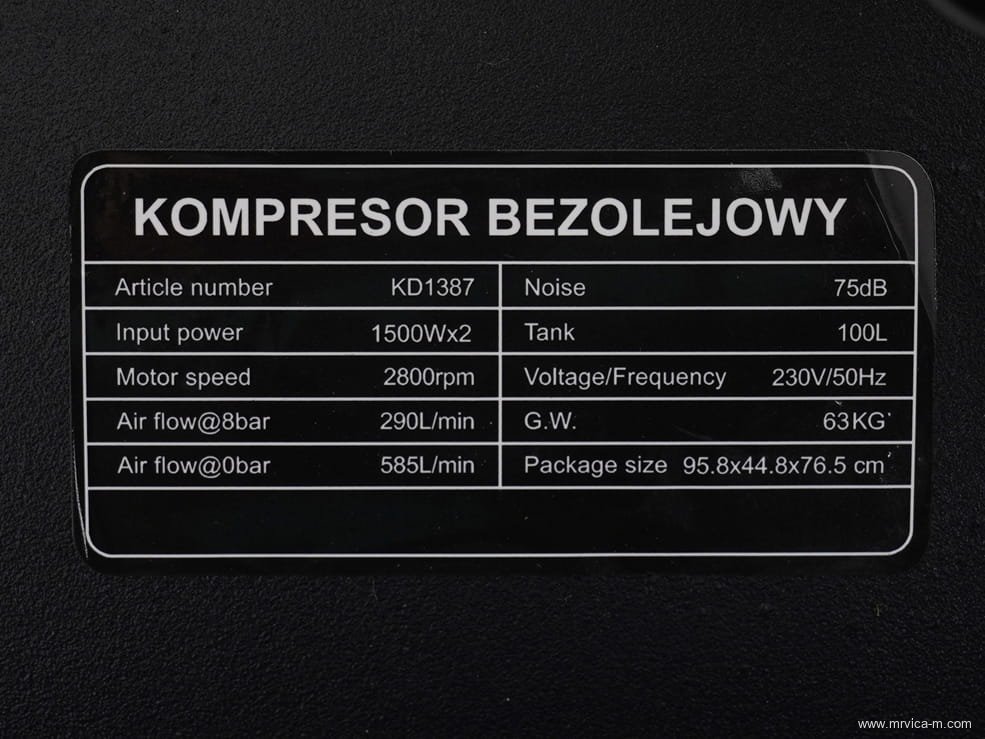 Kompresor bez ulja 100L 2x1500W KD1387 KRAFT&DELE - 8