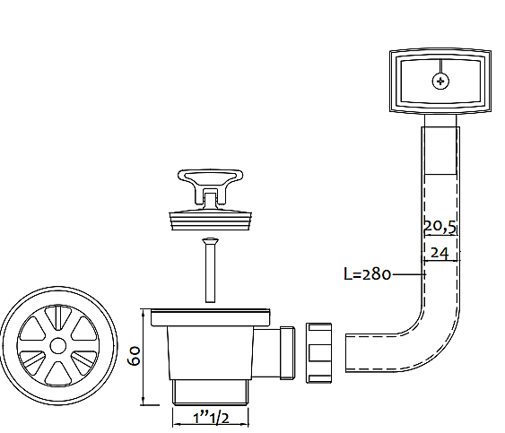 Pileta 6/4" x ø70 mm + 1KP (kvadratni preljev) Gornji dio sifona s preljevom - 2